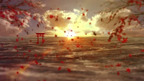 Maple leaves land scape sun rise loop animation Stock Footage 146637672