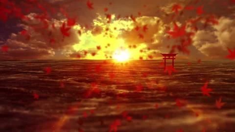 Maple leaves land scape sun rise loop animation Vídeo Stock 146637673