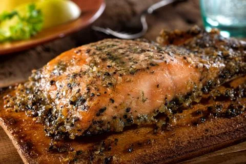 Maple Pepper Cedar Planked Salmon Stock Photos