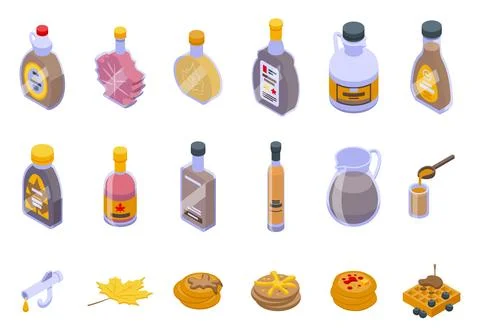 Maple syrup icons set isometric vector. Sweet bottle Stock Illustration