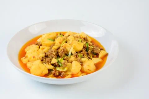 Mapo Tofu, popular Chinese dish.  The classic recipe consists of silken tofu, Stock Photos