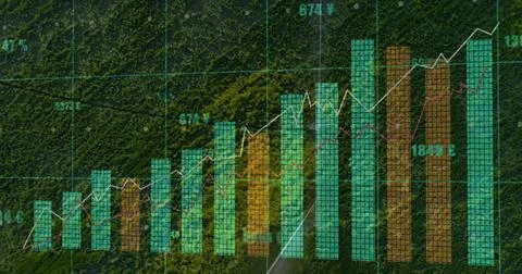 Mapping data on forest road from above, with bar chart, line graph, grid and Stock Photos