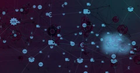 Mapping network hubs and commerce icons in virtual map, featuring currency Stock Illustration
