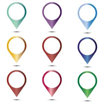 Mapping pins icon web buttons. Colored satined round shapes with shadow on white Stock Illustration