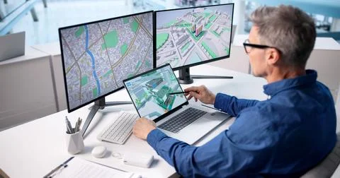 Mapping Properties With Computerized Survey And Valuation Plan In City. Stock Photos