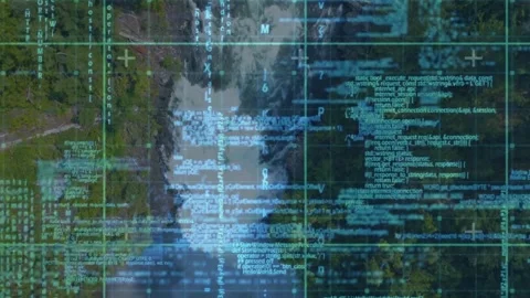 Mapping system scanning river, overlaying grids and scrolling code, obscuring Stock Footage 333904251