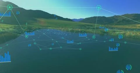 Mapping translucent data network overlay across grassy valley with lake, with Stock Photos