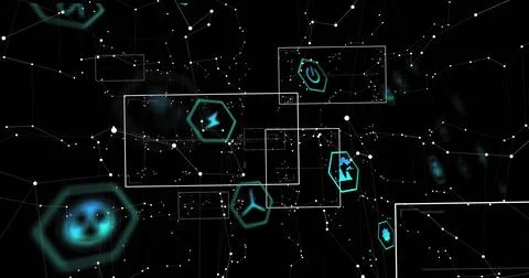 Mapping white network nodes and lines in data space, with translucent frames  Illustrazione stock