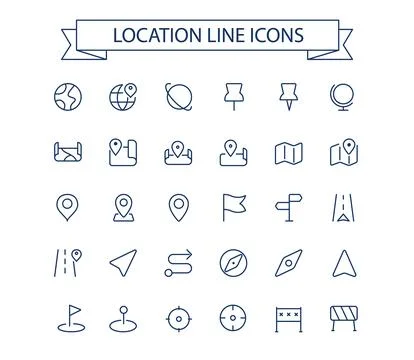 Maps and Location line simple icons. Navigation icons. 24x24 grid. Stock Illustration
