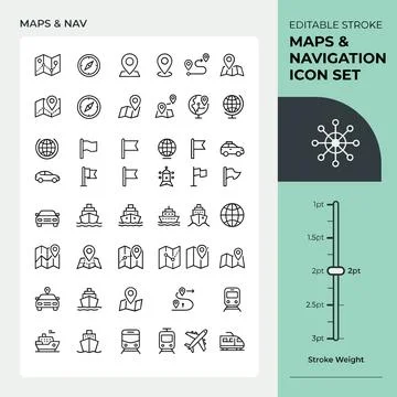 Maps and navigation icon set featuring transportation, location pins, compa.. Stock Illustration