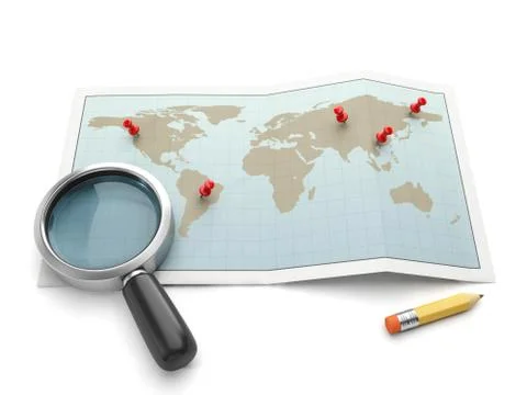 Maps and navigational charts. map and magnifying glass search for the place Stock Illustration