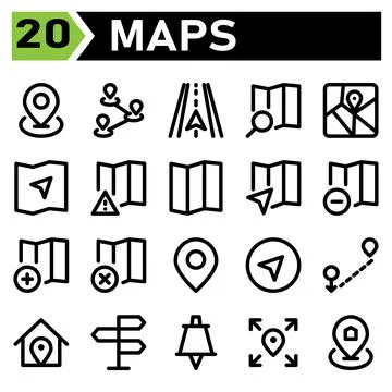 Maps icon include map location marker navigation route maps direction road ic Stock Illustration