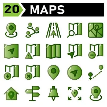 Maps icon include map location marker navigation route maps direction road ic Stock Illustration