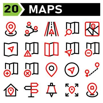 Maps icon include map location marker navigation route maps direction road ic Stock Illustration