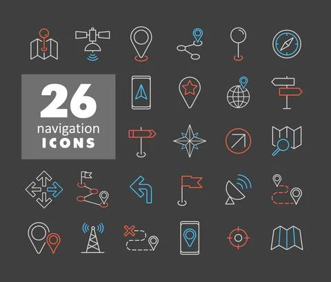 Maps, location, navigation icons set on dark background Stock Illustration