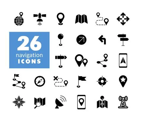 Maps, location, navigation vector glyph icons set Stock Illustration