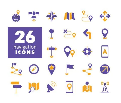 Maps, location, navigation vector glyph icons set Stock Illustration