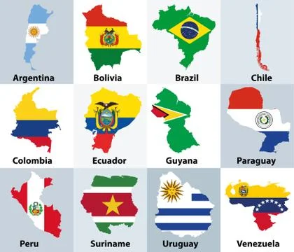 Maps mixed with flags of the independent countries of South America Illustrazione stock