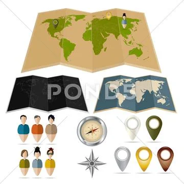 Maps, tags, compasses and tags with people Stock Illustration
