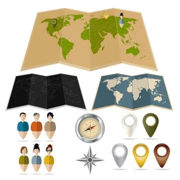 Maps, tags, compasses and tags with people 스톡 일러스트