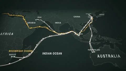 Maputo to qingdao coal trade route map seamless loop Stock Footage 345899131