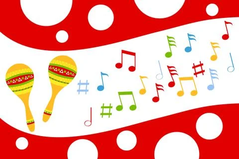 Maracas, a set of multi-colored maracas with notes icons. Vector Stock Illustration