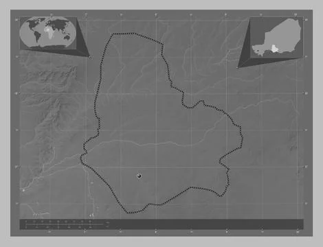 Maradi, Niger. Grayscale elevation map with lakes and rivers Stock Illustration