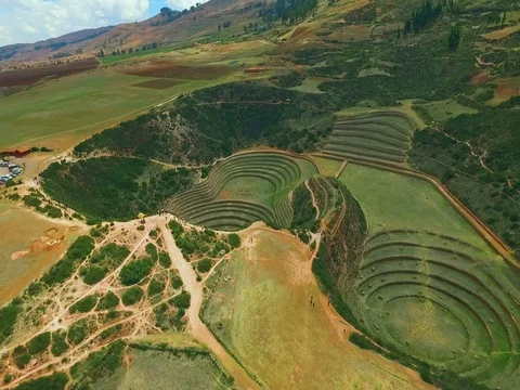 Maras moray  peru drone Stock Footage 77344333