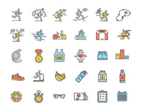 Marathon Element Color Thin Line Icon Set. Vector Illustrazione stock