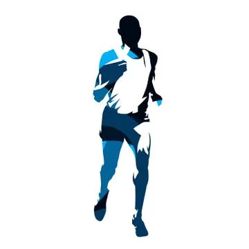 Marathon runner, abstract blue vector silhouette, front view. Running man Stock Illustration