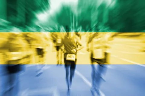 Marathon runner motion blur with blending  Gabon flag Foto stock