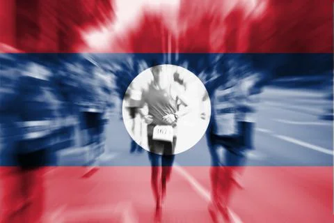 Marathon runner motion blur with blending  Lao PDR flag Foto stock