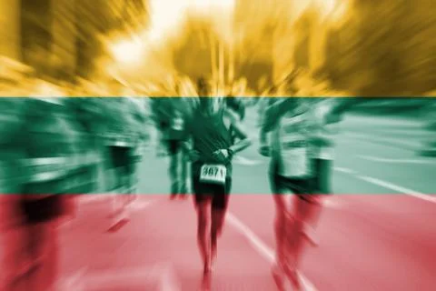 Marathon runner motion blur with blending  Lithuania flag Foto stock