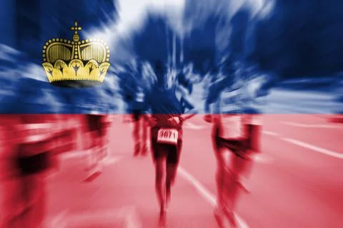 Marathon runner motion blur with blending  Liechtenstein flag Stock Photos
