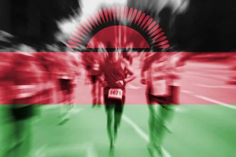 Marathon runner motion blur with blending  Malawi flag Stockfoto's