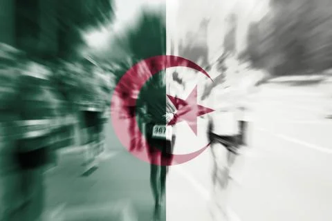 Marathon runner motion blur with blending  Algeria flag Foto stock