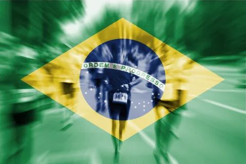 Marathon runner motion blur with blending  Brazil flag Foto stock