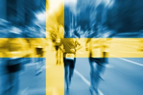 Marathon runner motion blur with blending  Sweden flag Foto stock
