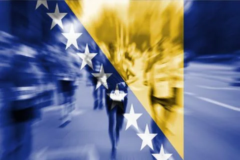 Marathon runner motion blur with blending  Bosnia &amp; Herzegovina flag Foto stock