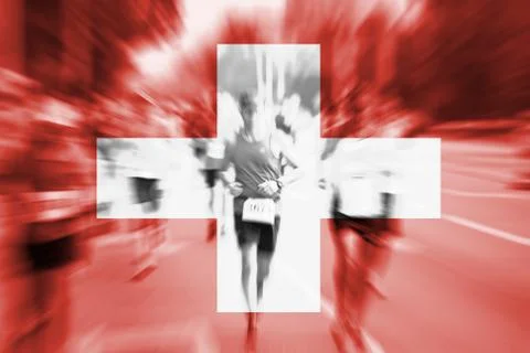 Marathon runner motion blur with blending  Switzerland flag Stock Photos