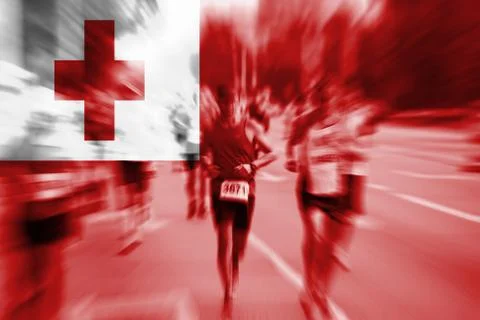 Marathon runner motion blur with blending  Tonga flag Foto stock