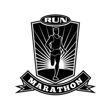 Marathon Runner Running Front View Shield Retro Black and White Stock Illustration