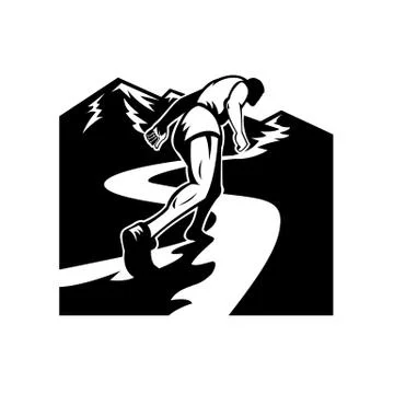 Marathon Runner Running Up Mountain Black and White Stock Illustration