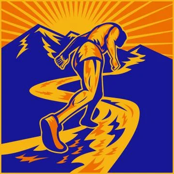 Marathon runner running on road with mountains Stock Illustration