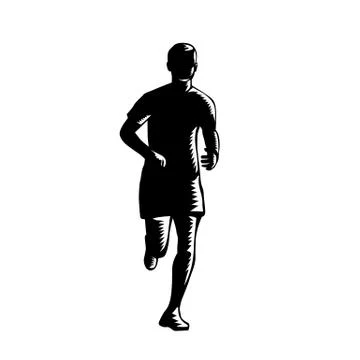 Marathon Runner Silhouette Running Front View Retro Woodcut Black and White Stock Illustration