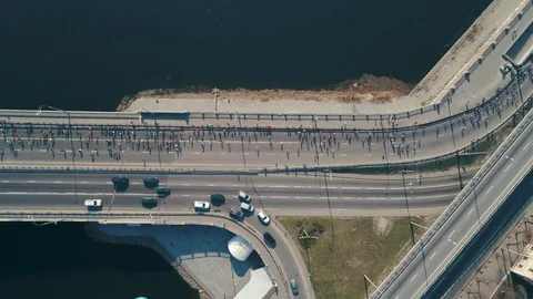 Marathon running on the bridge. Top view Stock Footage 106526483