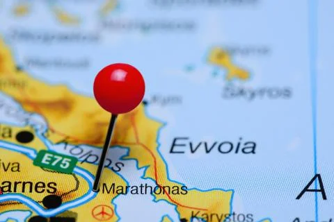 Marathonas pinned on a map of Greece Stock Photos