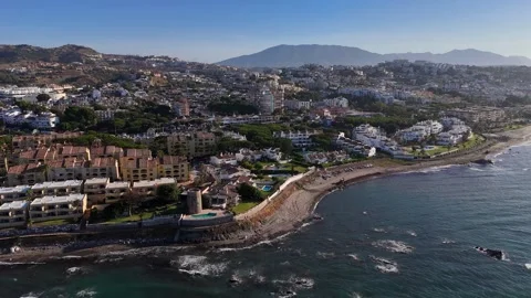 Marbella coastal urban development Mediterranean beach aerial view Видео 336446155