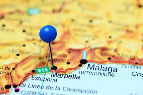 Marbella pinned on a map of Spain Stock Photos
