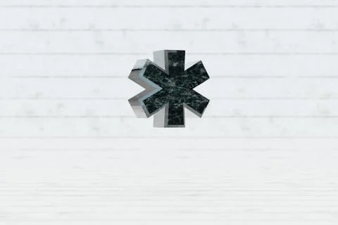 Marble 3d asterisk symbol. Dark green marble sign on white wood background. 3d Stock Illustration